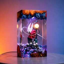 H0--0W Kn-.ght H0R.net Resin Lamp, Epic Gaming Diorama Night Light, Handcrafted Epoxy Wood Led Art, Unique Gamer Desk Decor Gift - thumbnail 1