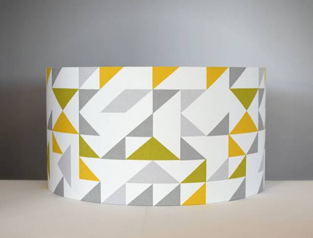 Yellow Grey & Green Geometric Drum Lampshade, 20cm To 40cm ?? Handmade By Vivid Shades, Modern Retro Stylish Triangle Pattern - image 1