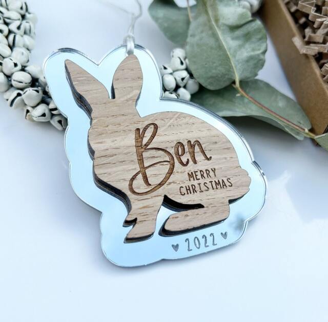 Bunny Christmas Ornament, Rabbit Decoration, Personalised Rabbit Merry Bunny, Bunny's First - image 1