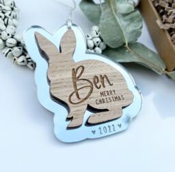Bunny Christmas Ornament, Rabbit Decoration, Personalised Rabbit Merry Bunny, Bunny's First - thumbnail 1