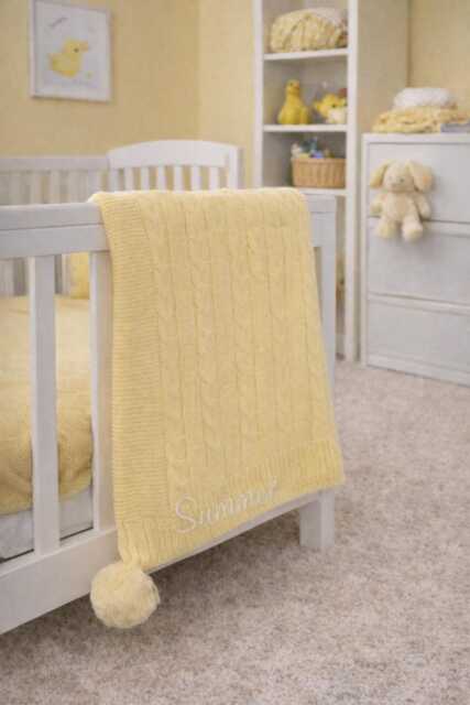 Personalised Baby Blanket, Embroidered, Cable Knit With Pom Poms , Personalized Baby Gift, Lemon Yellow - image 1