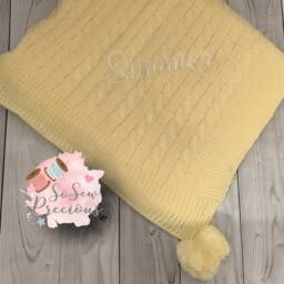 Personalised Baby Blanket, Embroidered, Cable Knit With Pom Poms , Personalized Baby Gift, Lemon Yellow - thumbnail 2