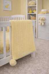Personalised Baby Blanket, Embroidered, Cable Knit With Pom Poms , Personalized Baby Gift, Lemon Yellow
