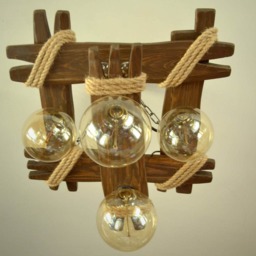 Aged Wood Ceiling Lamp With Edison Type Bulbs, Wooden Chandelier, Bulbs Fixture, Rustic Light, Original Lamp, Dark - thumbnail 2