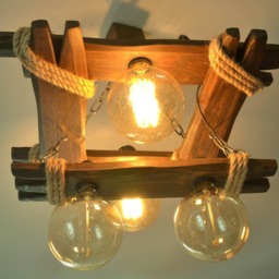 Aged Wood Ceiling Lamp With Edison Type Bulbs, Wooden Chandelier, Bulbs Fixture, Rustic Light, Original Lamp, Dark - thumbnail 3