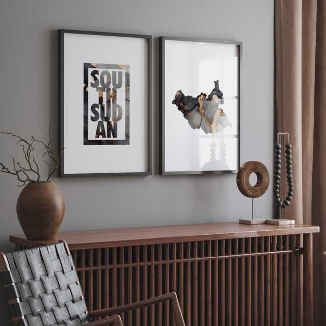 South Sudan Map Set Of 2 Black & Gold + Typography Wall Art Prints - image 1