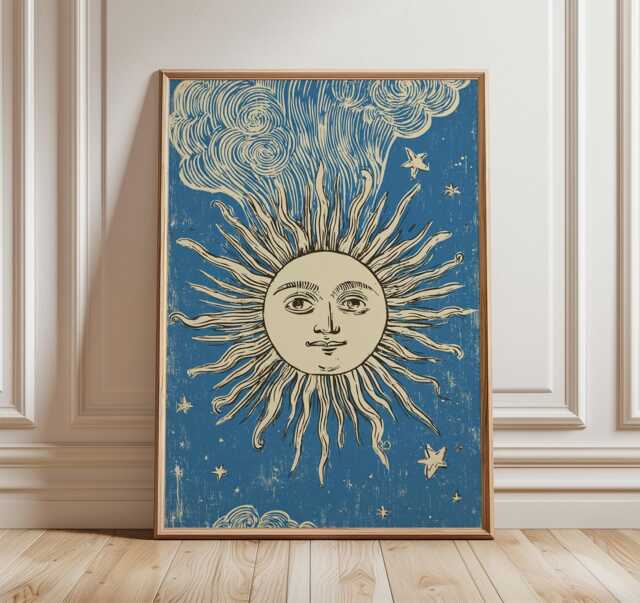 Celestial Sun Poster, Vintage Cosmic Illustration Print, Blue Sky Wall Art - image 1