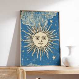 Celestial Sun Poster, Vintage Cosmic Illustration Print, Blue Sky Wall Art - thumbnail 2