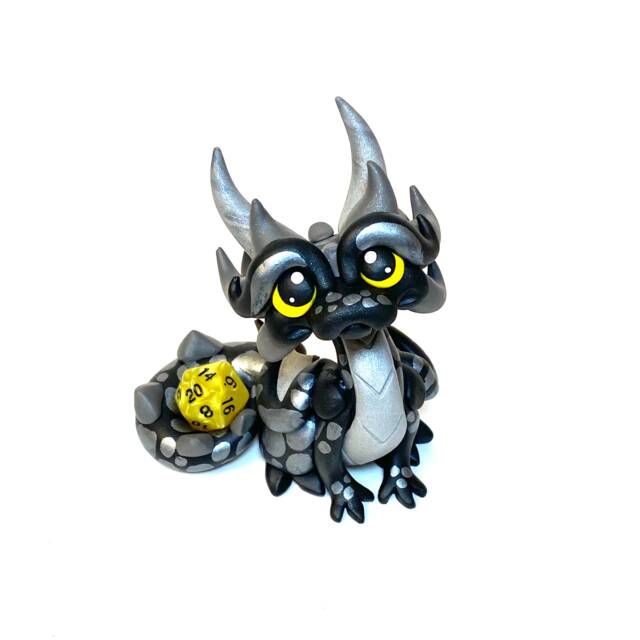 Obsidax - Polymer Clay Dragon Dice Holder Black, Silver, & Gray Dragonling - image 1