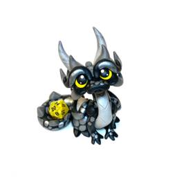 Obsidax - Polymer Clay Dragon Dice Holder Black, Silver, & Gray Dragonling - thumbnail 1