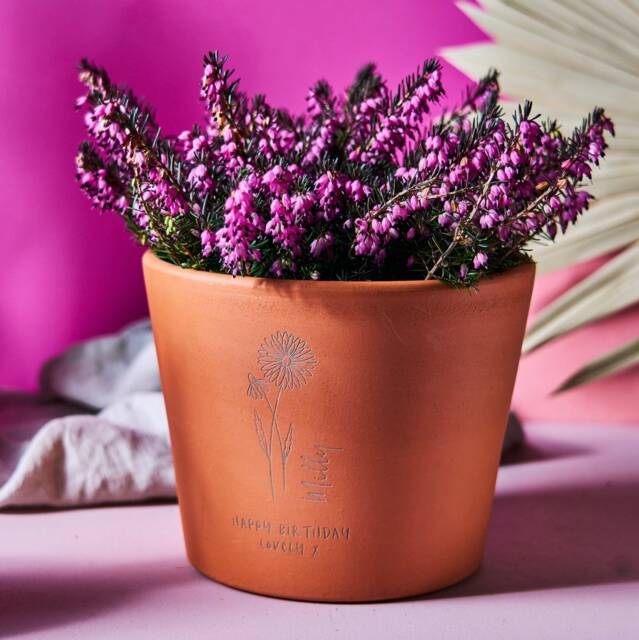 Personalized Birth Flower Engraved Terracotta Pot - Garden Gift - image 1
