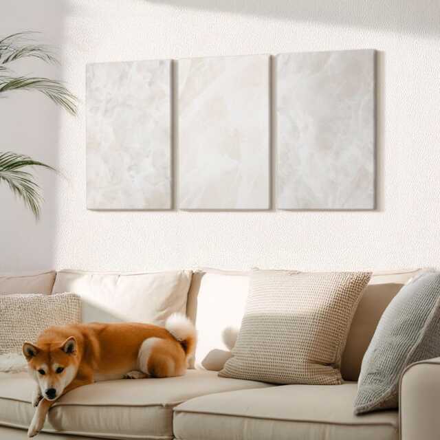 Canvas Set Of 3 Wall Art - Stone Pastel Structures White Marble, Beige Picture Print, Natural Textures Hanging Piece - image 1