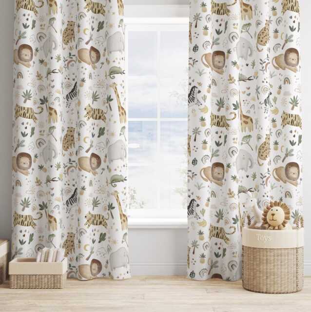 Safari Doodle Curtains, Nursery Curtains Blackout Or Non Blackout, With Eyelets, Pencil Pleat Rod Pocket, Animals - image 1