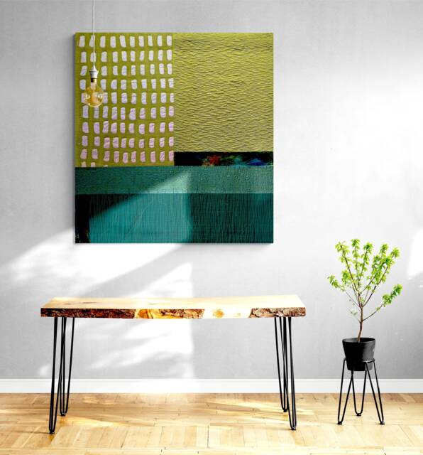 Olive Green Abstract Textile Art Quilt Geometric Wall Hanging - image 1