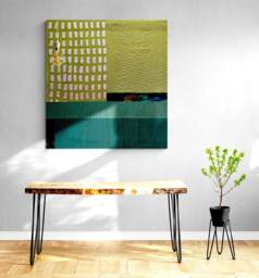 Olive Green Abstract Textile Art Quilt Geometric Wall Hanging - thumbnail 1