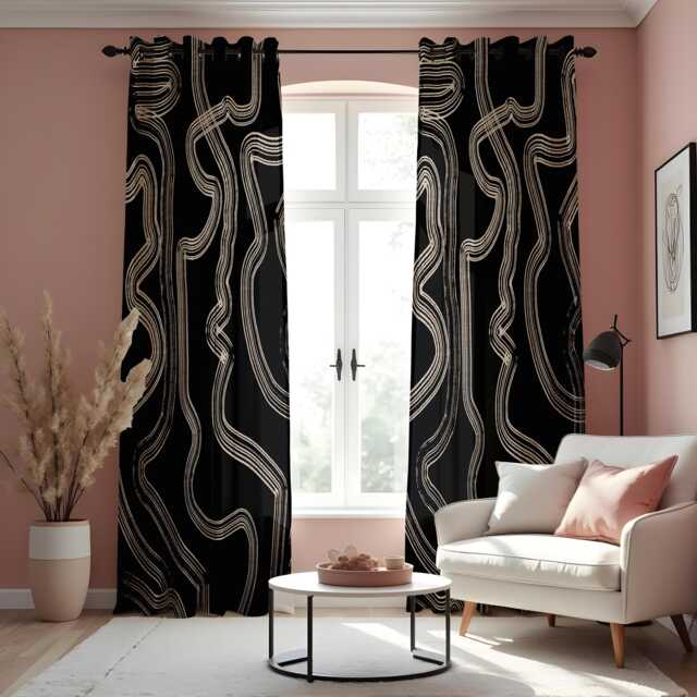 Abstract Black & Beige Line Curtains, Modern Geometric Drapes, Boho Decor For Living Room Or Bedroom, Minimalist Style Window Treatments - image 1
