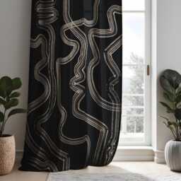 Abstract Black & Beige Line Curtains, Modern Geometric Drapes, Boho Decor For Living Room Or Bedroom, Minimalist Style Window Treatments - thumbnail 2