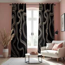 Abstract Black & Beige Line Curtains, Modern Geometric Drapes, Boho Decor For Living Room Or Bedroom, Minimalist Style Window Treatments - thumbnail 1