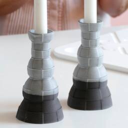 Pair Of Shabbat Candlesticks, Graphite Ceramic With Matt Off White Glaze, 3D Printed Clay Candleholders, Checkered Pattern Pop Style - thumbnail 1