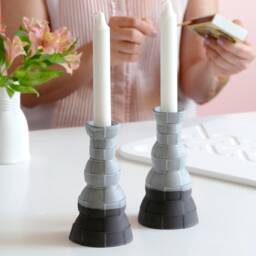 Pair Of Shabbat Candlesticks, Graphite Ceramic With Matt Off White Glaze, 3D Printed Clay Candleholders, Checkered Pattern Pop Style - thumbnail 3