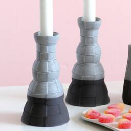 Pair Of Shabbat Candlesticks, Graphite Ceramic With Matt Off White Glaze, 3D Printed Clay Candleholders, Checkered Pattern Pop Style - thumbnail 2