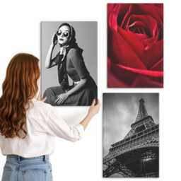 Canvas Set Of 3 - Parisian Woman With Rose Glasses & The Eiffel Tower, Red Wall Art Large, Artwork Hanging Piece