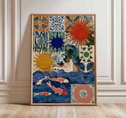 Boho Sun & Fish Collage Poster, Colorful Ocean Wall Art Print, Modern Coastal Artwork, Vibrant Nautical Decor, Abstract Home Print - thumbnail 1