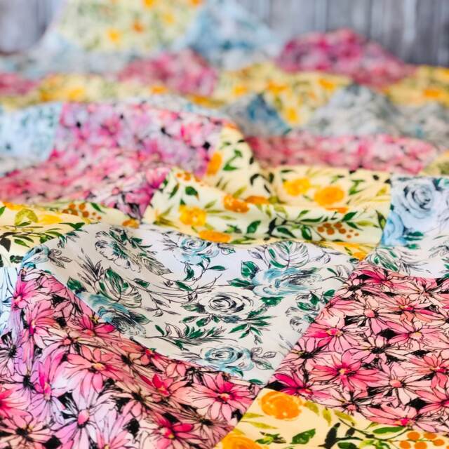 Soft Minky Patchwork Blanket For Baby Girl, Mixed Floral Spring Collage, Pink, Orange, Blue & Green, Farmhouse Decor, Shabby Chic - image 1