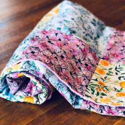 Soft Minky Patchwork Blanket For Baby Girl, Mixed Floral Spring Collage, Pink, Orange, Blue & Green, Farmhouse Decor, Shabby Chic - thumbnail 3