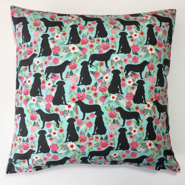 Black Labrador Dog Print Cushion Cover With Turquoise & Pink Floral Design - Home Decor, Home & Living, Decorative Pillow Cover. 38x38cms - image 1