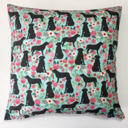 Black Labrador Dog Print Cushion Cover With Turquoise & Pink Floral Design - Home Decor, Home & Living, Decorative Pillow Cover. 38x38cms