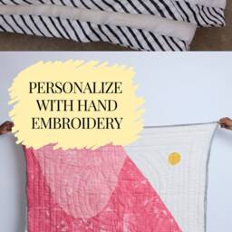 Personalized Baby Blanket, Hand-Block Printed Cotton Quilt, Custom Name Reversible Pink & Blue Design - thumbnail 3