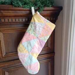 Shabby Quilted Stocking in Pastel Colours, Christmas Pink, Yellow Patchwork - thumbnail 1