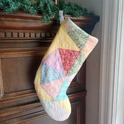 Shabby Quilted Stocking in Pastel Colours, Christmas Pink, Yellow Patchwork - thumbnail 1