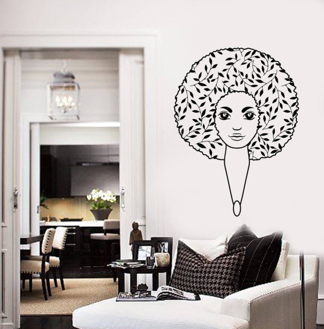 Black Lady Vinyl Wall Decal Afro Hairstyle Hippie Beautiful Woman Stickers Mural - #2556Di - image 1