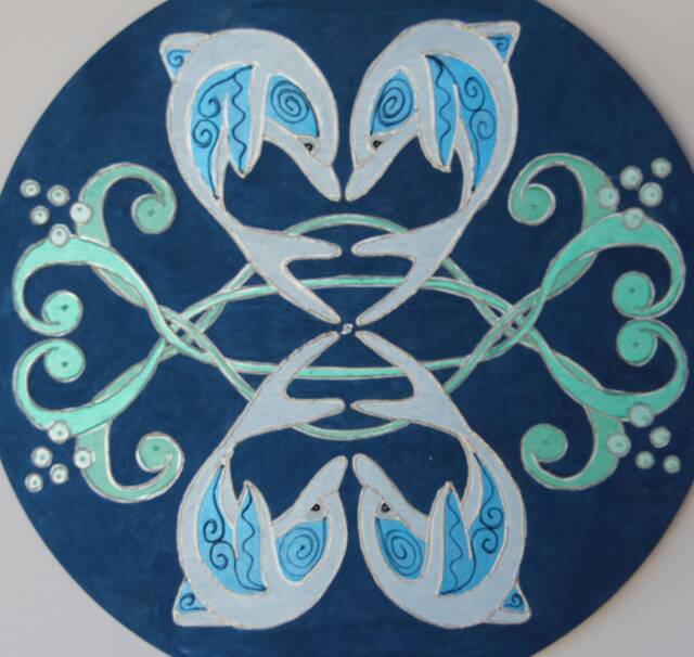 Dolfin Mandala Wall Hanging in Dark Blue Teal Green, Original Art Painting With Dolphins, Hand Painted Coastal Home Decor Ocean Vibes - image 1