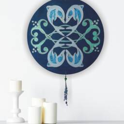 Dolfin Mandala Wall Hanging in Dark Blue Teal Green, Original Art Painting With Dolphins, Hand Painted Coastal Home Decor Ocean Vibes - thumbnail 2