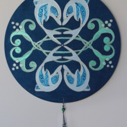 Dolfin Mandala Wall Hanging in Dark Blue Teal Green, Original Art Painting With Dolphins, Hand Painted Coastal Home Decor Ocean Vibes - thumbnail 4