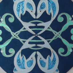 Dolfin Mandala Wall Hanging in Dark Blue Teal Green, Original Art Painting With Dolphins, Hand Painted Coastal Home Decor Ocean Vibes - thumbnail 3