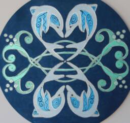 Dolfin Mandala Wall Hanging in Dark Blue Teal Green, Original Art Painting With Dolphins, Hand Painted Coastal Home Decor Ocean Vibes - thumbnail 1