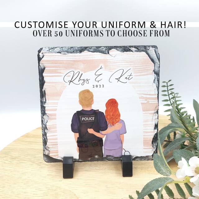 Personalised Hero Couple Couple Portrait On Slate Plaque, Police Officer Gifts Firefighter Gift, Paramedic Gift & Nurse - image 1