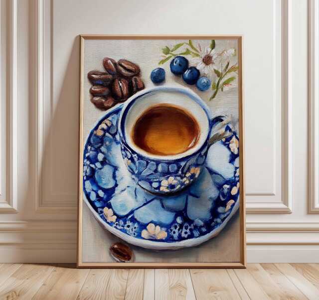 Coffee Art Print - Blue & White Kitchen Wall Realistic Oil Painting Style Poster Espresso Decor Caf?? Artwork - image 1