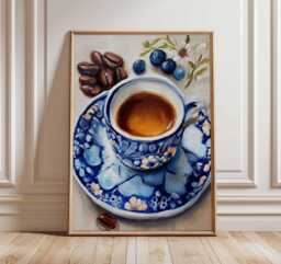Coffee Art Print - Blue & White Kitchen Wall Realistic Oil Painting Style Poster Espresso Decor Caf?? Artwork - thumbnail 1