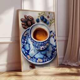 Coffee Art Print - Blue & White Kitchen Wall Realistic Oil Painting Style Poster Espresso Decor Caf?? Artwork - thumbnail 2