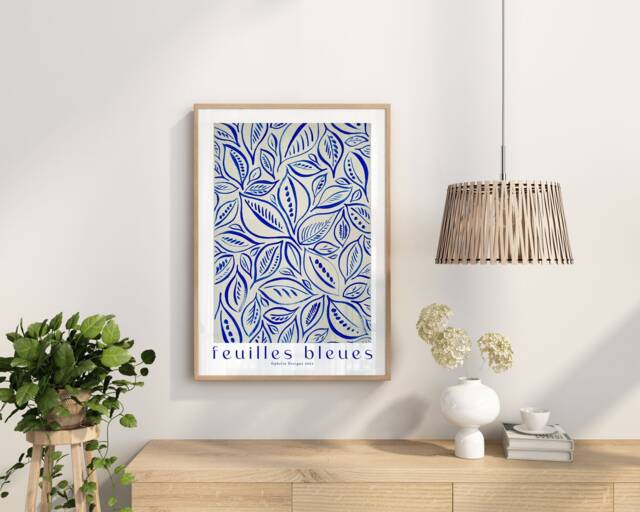 A4, A3, A2 Poster Art Print - Unframed in My Abstract Leaf Blue/Natural Paint Brushstrokes Design - image 1