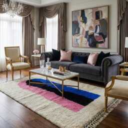 Abstract Moroccan Berber Rug - Pink & Blue Mihrab Design Colorful Handmade Wool - thumbnail 3