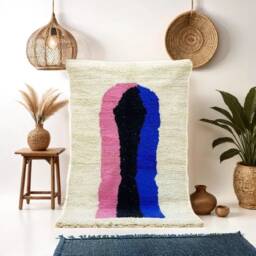 Abstract Moroccan Berber Rug - Pink & Blue Mihrab Design Colorful Handmade Wool - thumbnail 2