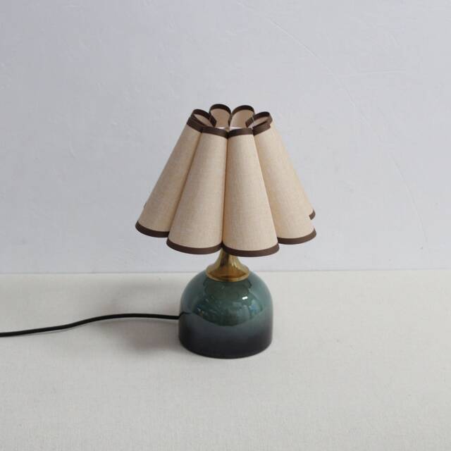 Handmade Khaki Linen Lamp Brown Trim, Dark Green Ceramic Base - image 1