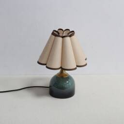 Handmade Khaki Linen Lamp Brown Trim, Dark Green Ceramic Base
