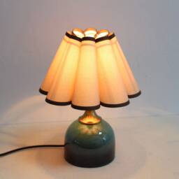Handmade Khaki Linen Lamp Brown Trim, Dark Green Ceramic Base - thumbnail 4